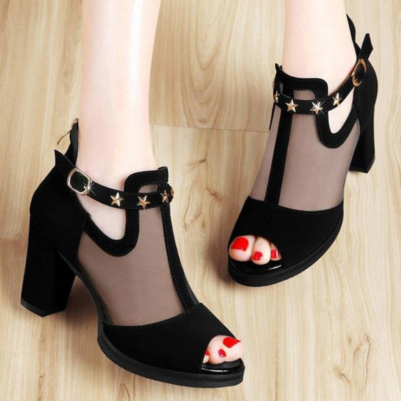 Mesh Peep Toe Block High Heels - Mesh Strap Metal ulasan dan harga